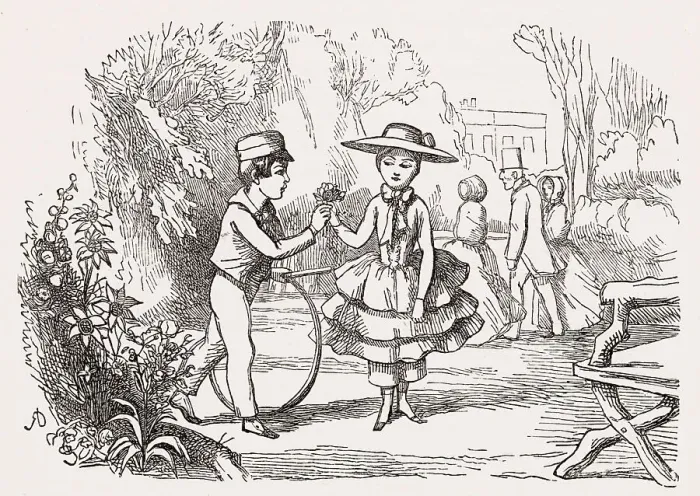 Framed Print : Illustration, The Newcomes, by Thackeray, showing a boy giving a posy of flowers to a girl in a garden. Date: first published 1850s Framed Print : Illustration, The Newcomes, by Thackeray, showing a boy giving a posy of flowers to a girl in a garden. Date: first published 1850s