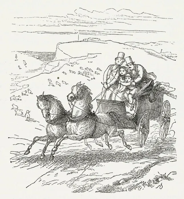 Framed Print : Illustration, The Newcomes, by Thackeray, showing a group of people in an open carriage with two runaway horses. Date: first published 1850s Framed Print : Illustration, The Newcomes, by Thackeray, showing a group of people in an open carriage with two runaway horses. Date: first published 1850s