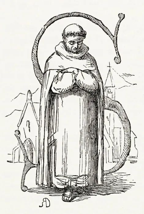 Framed Print : Illustration, The Newcomes, by Thackeray, showing an ornate initials depicting San Pedro de Alcantara (1499-1562), a Spanish Franciscan friar. Date: first published 1850s Framed Print : Illustration, The Newcomes, by Thackeray, showing an ornate initials depicting San Pedro de Alcantara (1499-1562), a Spanish Franciscan friar. Date: first published 1850s