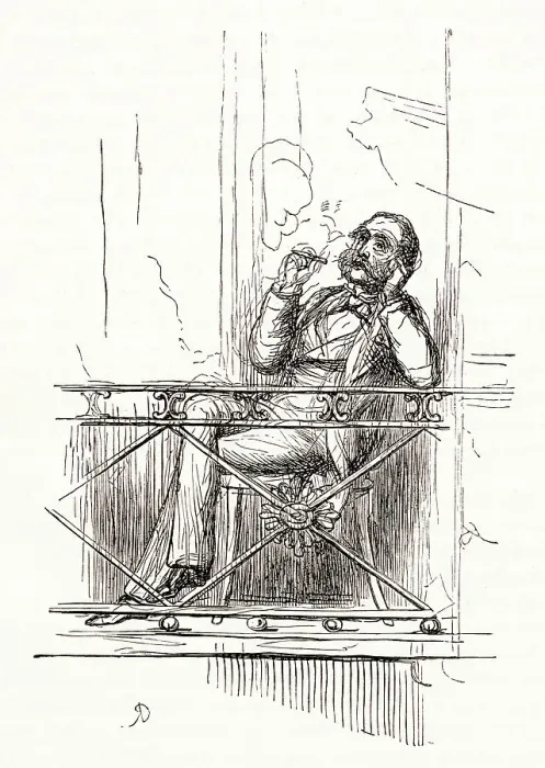 Framed Print : Illustration, The Newcomes, by Thackeray, showing a middle-aged man (Colonel Newcome) sitting on a balcony smoking. Date: first published 1850s Framed Print : Illustration, The Newcomes, by Thackeray, showing a middle-aged man (Colonel Newcome) sitting on a balcony smoking. Date: first published 1850s