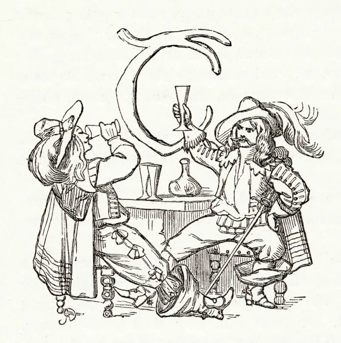 Framed Print : Illustration, The Newcomes, by Thackeray, showing an ornate initial T depicting two Cavalier men drinking wine. Date: first published 1850s Framed Print : Illustration, The Newcomes, by Thackeray, showing an ornate initial T depicting two Cavalier men drinking wine. Date: first published 1850s