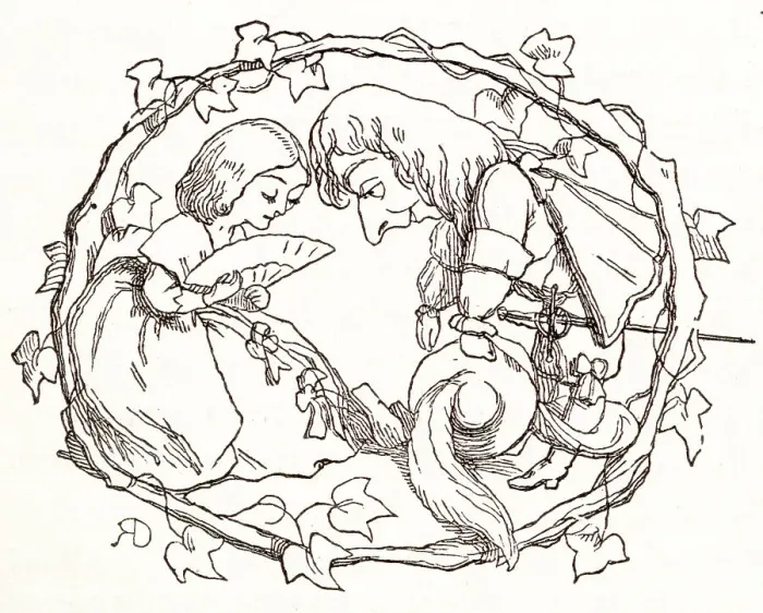 Framed Print : Illustration, The Newcomes, by Thackeray, showing an ornate initial O containing a Cavalier man bowing to a lady. Date: first published 1850s Framed Print : Illustration, The Newcomes, by Thackeray, showing an ornate initial O containing a Cavalier man bowing to a lady. Date: first published 1850s