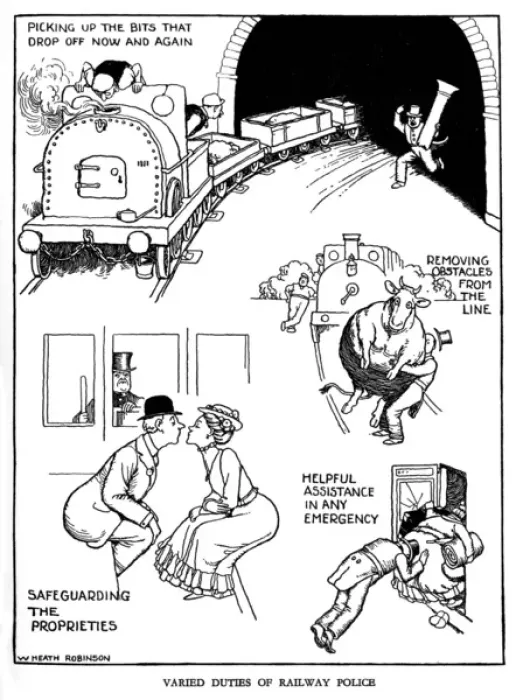 Framed Print : Illustration, Railway Ribaldry by W Heath Robinson Framed Print : Illustration, Railway Ribaldry by W Heath Robinson