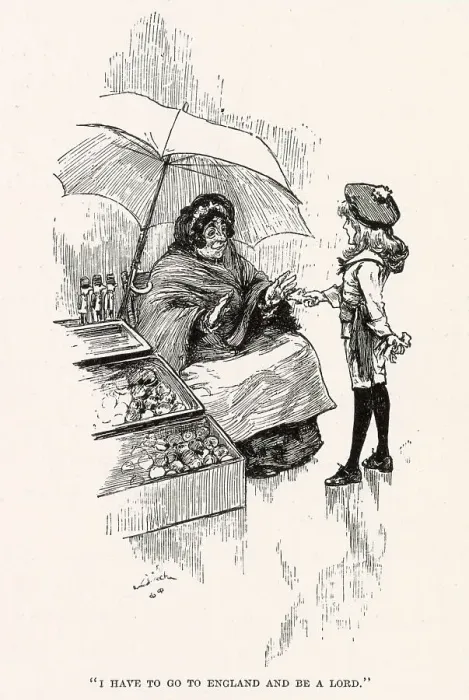 Framed Print : Illustration by Reginald Birch to Little Lord Fauntleroy by Frances Hodgson Burnett. I have to go to England and be a Lord, says Cedric to the woman on the apple stall. Date: 1886 Framed Print : Illustration by Reginald Birch to Little Lord Fauntleroy by Frances Hodgson Burnett. I have to go to England and be a Lord, says Cedric to the woman on the apple stall. Date: 1886