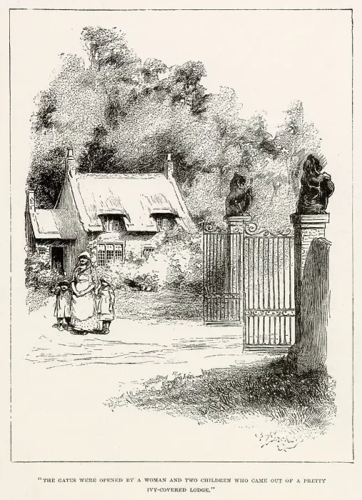 Framed Print : Illustration by Reginald Birch to Little Lord Fauntleroy by Frances Hodgson Burnett. The gates were opened by a woman and two children who came out of a pretty ivy-covered lodge. Date: 1886 Framed Print : Illustration by Reginald Birch to Little Lord Fauntleroy by Frances Hodgson Burnett. The gates were opened by a woman and two children who came out of a pretty ivy-covered lodge. Date: 1886