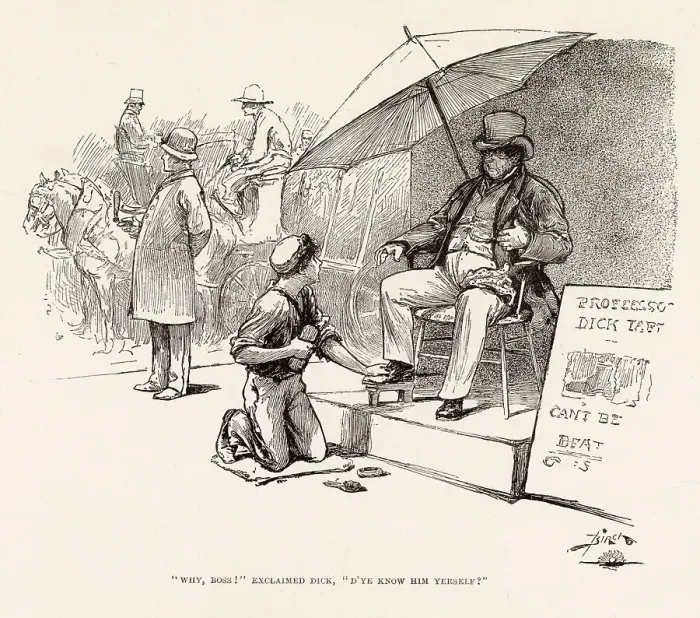 Framed Print : Illustration by Reginald Birch to Little Lord Fauntleroy by Frances Hodgson Burnett. Why, boss! exclaimed Dick, D'ye know him yerself? Date: 1886 Framed Print : Illustration by Reginald Birch to Little Lord Fauntleroy by Frances Hodgson Burnett. Why, boss! exclaimed Dick, D'ye know him yerself? Date: 1886