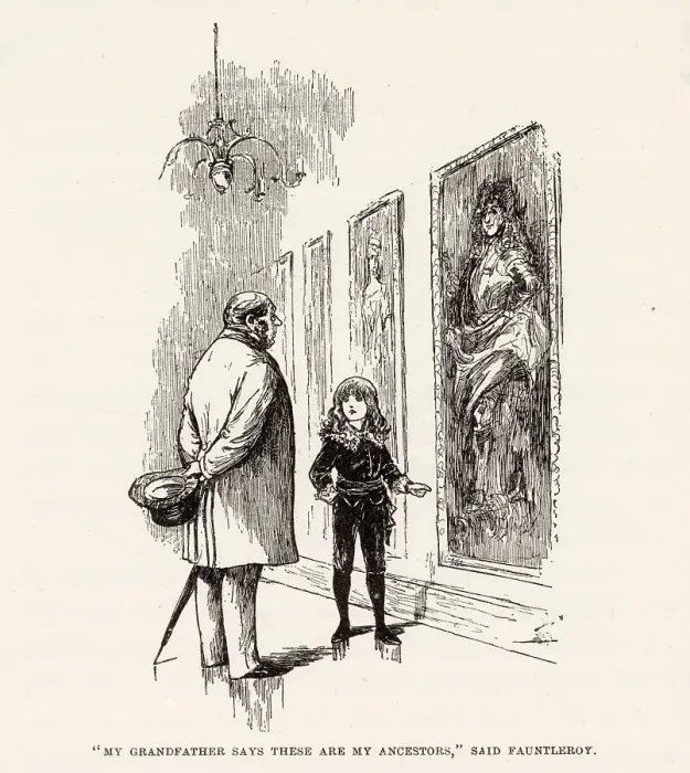 Framed Print : Illustration by Reginald Birch to Little Lord Fauntleroy by Frances Hodgson Burnett. My grandfather says these are my ancestors, said Fauntleroy. Date: 1886 Framed Print : Illustration by Reginald Birch to Little Lord Fauntleroy by Frances Hodgson Burnett. My grandfather says these are my ancestors, said Fauntleroy. Date: 1886