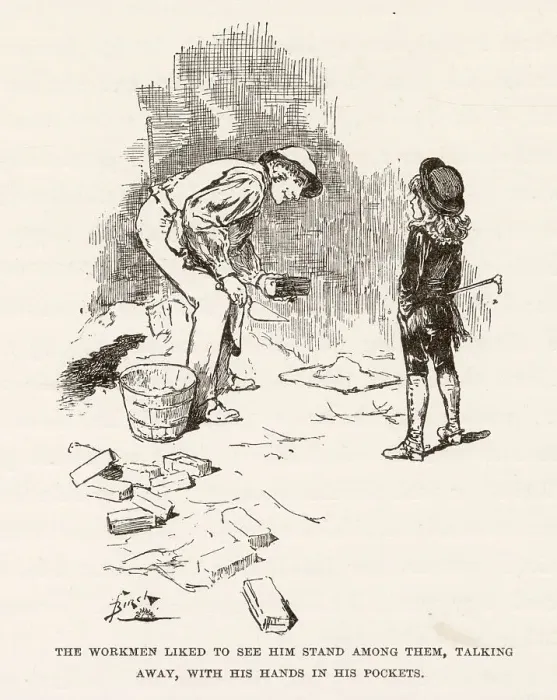 Framed Print : Illustration by Reginald Birch to Little Lord Fauntleroy by Frances Hodgson Burnett. The workmen liked to see him stand among them, talking away, with his hands in his pockets. Date: 1886 Framed Print : Illustration by Reginald Birch to Little Lord Fauntleroy by Frances Hodgson Burnett. The workmen liked to see him stand among them, talking away, with his hands in his pockets. Date: 1886