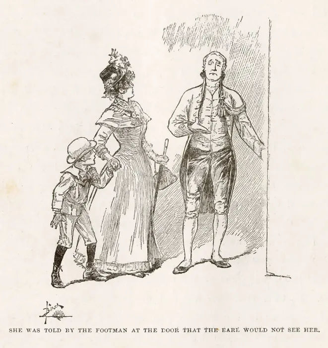 Framed Print : Illustration by Reginald Birch to Little Lord Fauntleroy by Frances Hodgson Burnett. She was told by the footman at the door that the Earl would not see her. Date: 1886 Framed Print : Illustration by Reginald Birch to Little Lord Fauntleroy by Frances Hodgson Burnett. She was told by the footman at the door that the Earl would not see her. Date: 1886