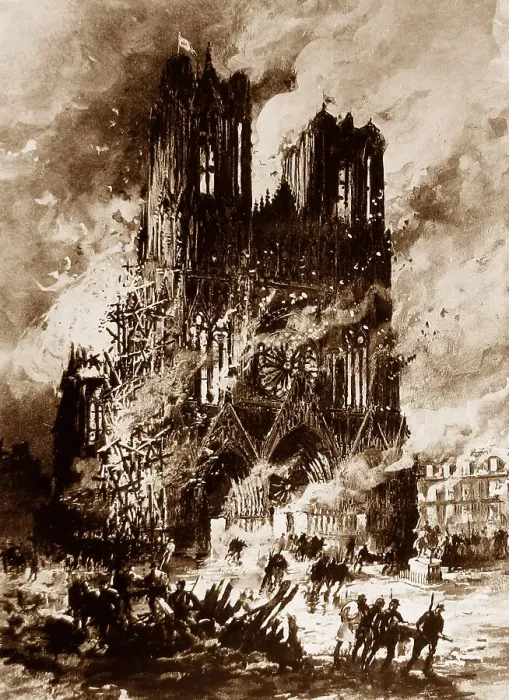 Framed Print : Illustration of Rheims Cathedral, France during WW1 Framed Print : Illustration of Rheims Cathedral, France during WW1