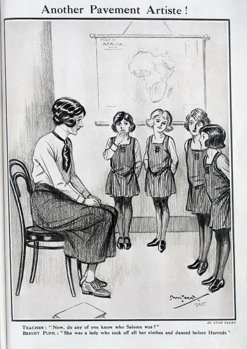 Framed Print : Illustration of four school girls, speaking to a seated teacher, map of Africa in background by Stan Terry. Captioned, Another Pavement Artiste! With quotations: Teacher: Now, do any of you know who Salome was Framed Print : Illustration of four school girls, speaking to a seated teacher, map of Africa in background by Stan Terry. Captioned, Another Pavement Artiste! With quotations: Teacher: Now, do any of you know who Salome was