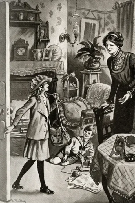 Framed Print : Illustration, Vicky arrives home from school Framed Print : Illustration, Vicky arrives home from school