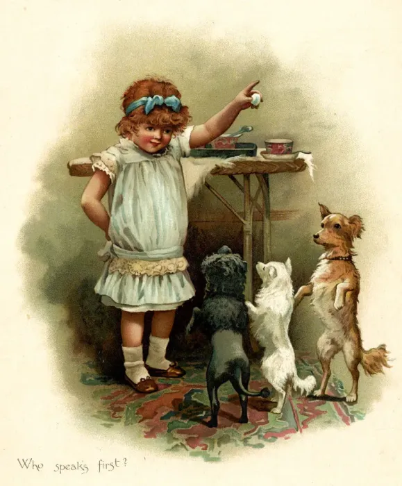Framed Print : Illustration, Who Speaks First, girl making dogs beg Framed Print : Illustration, Who Speaks First, girl making dogs beg
