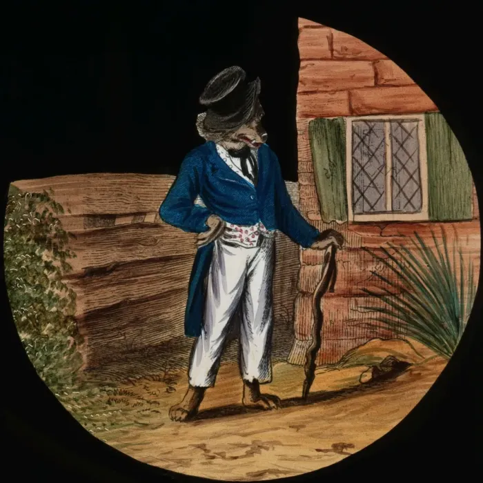 Framed Print : Illustration of a wolf standing next to a house Framed Print : Illustration of a wolf standing next to a house