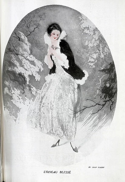 Illustration of woman wearing fur trimmed jacket, in winter snow scene, holding rescued bird, trees in background. Captioned, L'Oiseau Blesse by Jean Hardy, artist (b1880, fl 1925-1935), known for boudoir style illustrations