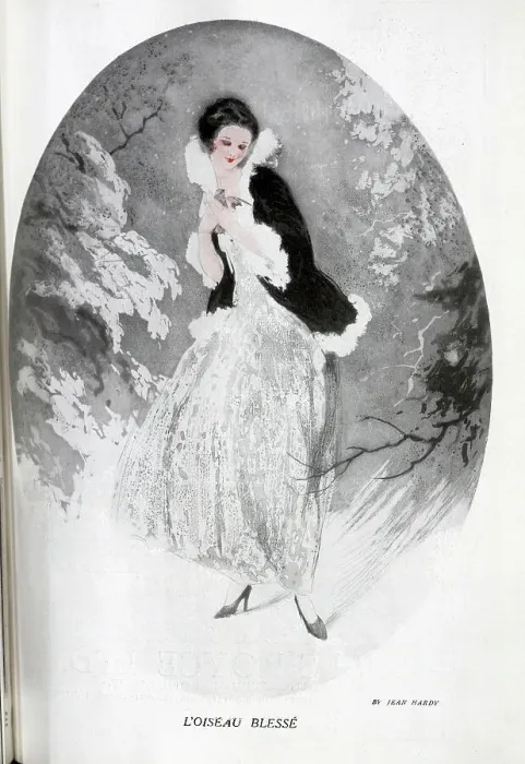 Framed Print : Illustration of woman wearing fur trimmed jacket, in winter snow scene, holding rescued bird, trees in background. Captioned, L'Oiseau Blesse by Jean Hardy, artist (b1880, fl 1925-1935), known for boudoir style illustrations Framed Print : Illustration of woman wearing fur trimmed jacket, in winter snow scene, holding rescued bird, trees in background. Captioned, L'Oiseau Blesse by Jean Hardy, artist (b1880, fl 1925-1935), known for boudoir style illustrations