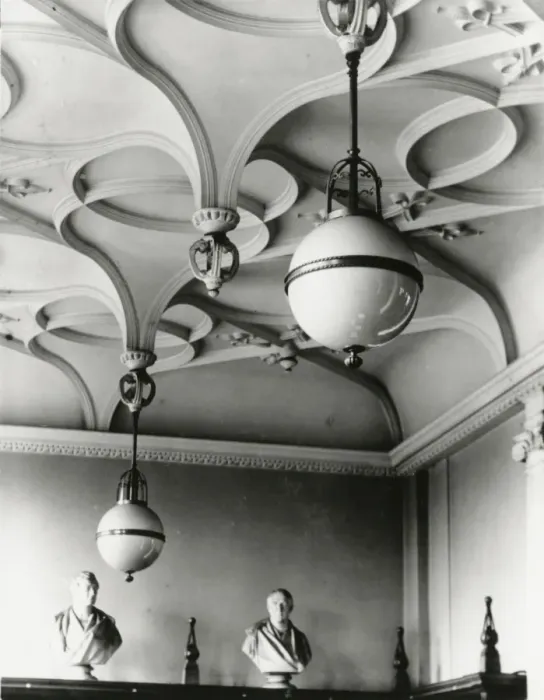 Framed Print : IMechE: view of lighting units in main room of library Framed Print : IMechE: view of lighting units in main room of library