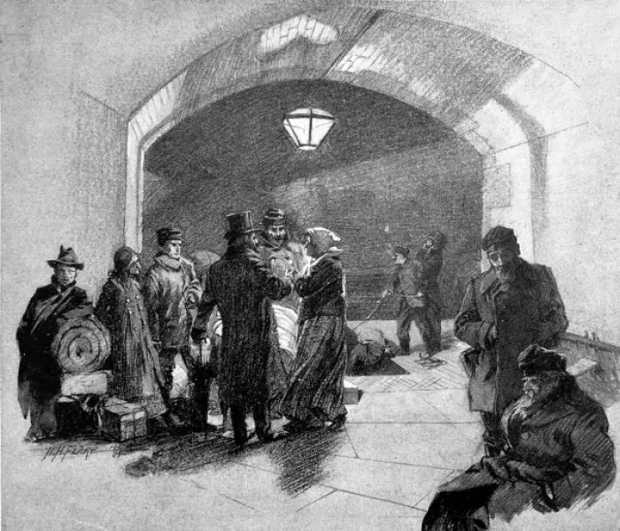 Framed Print : Immigrants arriving at Tower Bridge Stairs, London, 1904 Framed Print : Immigrants arriving at Tower Bridge Stairs, London, 1904
