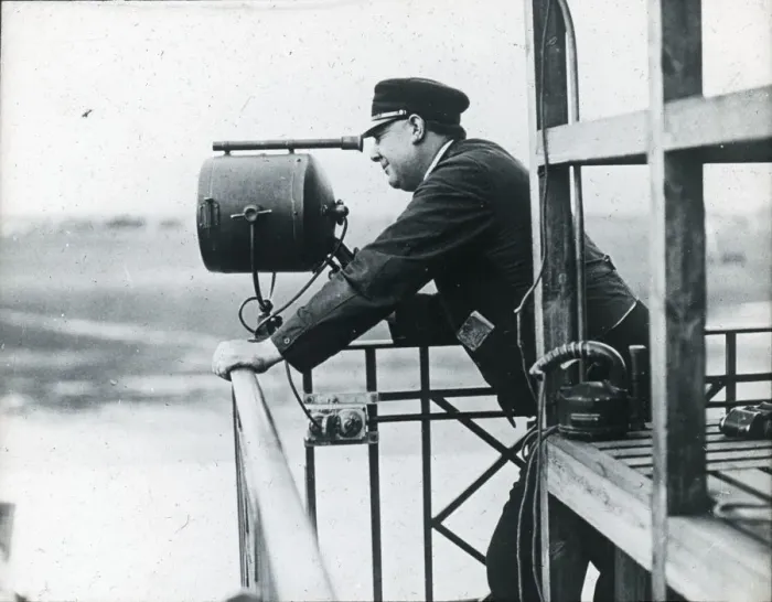 Framed Print : Imperial Airways Traffic Controller on balcony at Croydon Framed Print : Imperial Airways Traffic Controller on balcony at Croydon