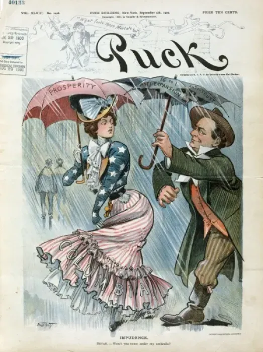 Framed Print : Impudence. Illustration shows William Jennings Bryan offering his small Framed Print : Impudence. Illustration shows William Jennings Bryan offering his small