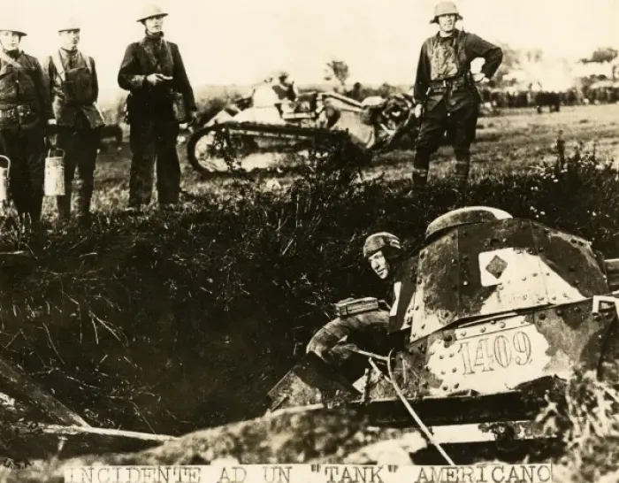 Framed Print : Incident with an American tank, western front, WW1 Framed Print : Incident with an American tank, western front, WW1