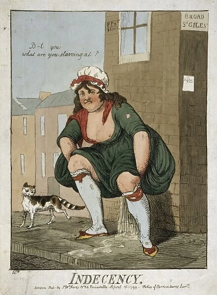 Indecency. Cartoon print showing a woman urinating in the street,
