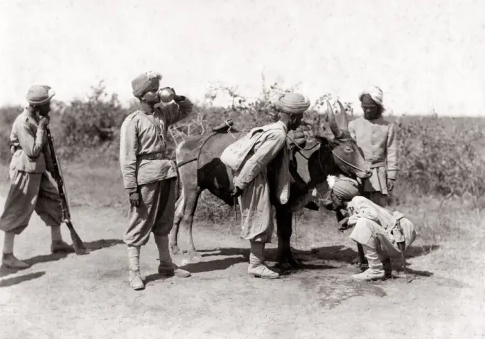 Framed Print : India - soldiers getting water, bheestie water carrier Framed Print : India - soldiers getting water, bheestie water carrier