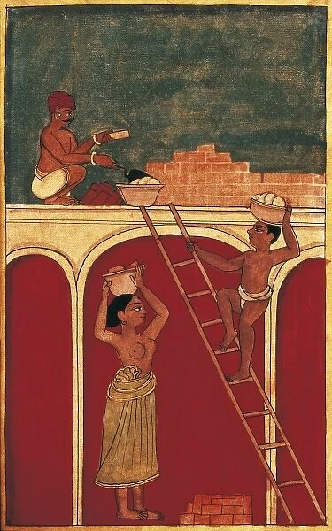 Indian construction workers making a building
