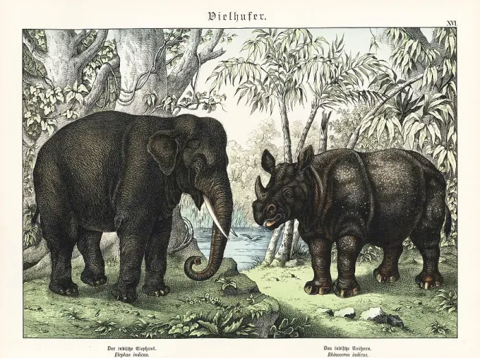 Framed Print : Indian elephant and rhino Framed Print : Indian elephant and rhino