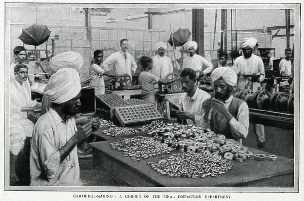 Indian factory workers making munitions, WW1: cartridges