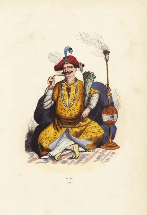 Framed Print : Indian rajah in bejeweled robes and hat, smoking Framed Print : Indian rajah in bejeweled robes and hat, smoking