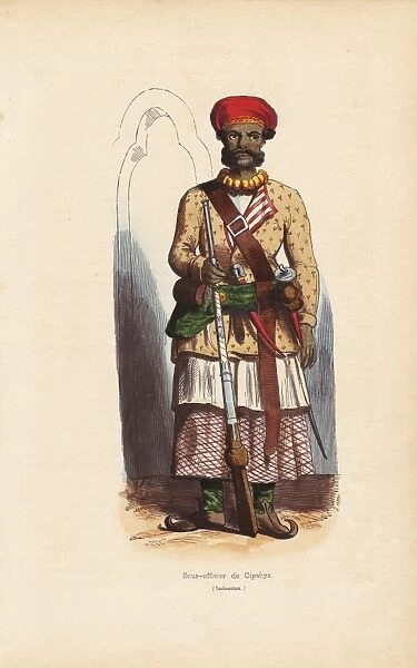 Indian sepoy officer in turban and jacket over skirts