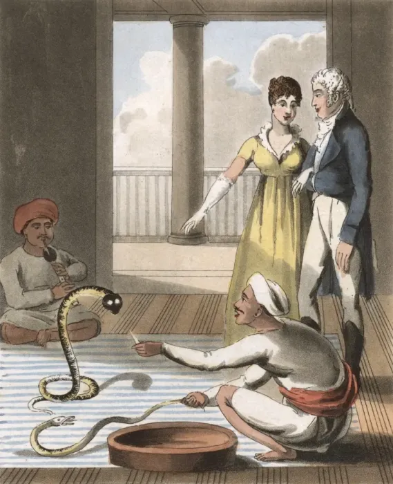 Framed Print : Indian Snake Catcher exhibits snakes before Europeans Framed Print : Indian Snake Catcher exhibits snakes before Europeans