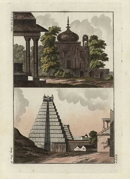 Indian tomb with dome and Indian stepped pagoda