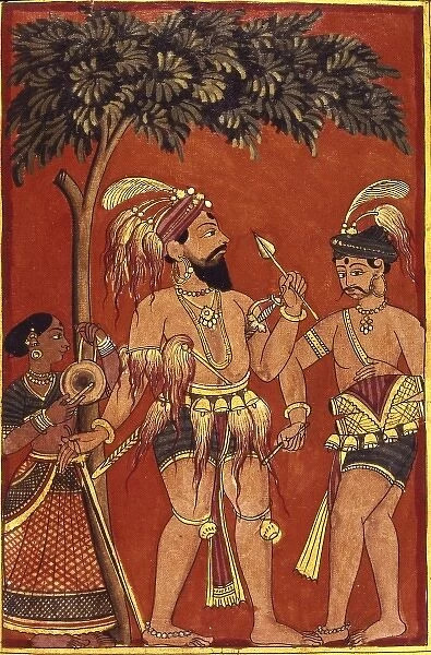 Two Indian warriors. Hindu art. Miniature Painting