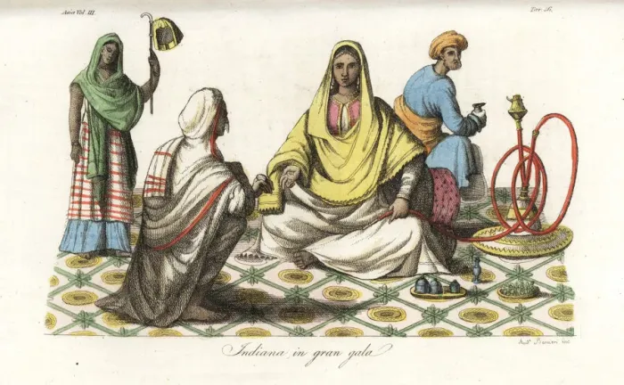 Framed Print : An Indian woman seated on a rich carpet attended by servants Framed Print : An Indian woman seated on a rich carpet attended by servants