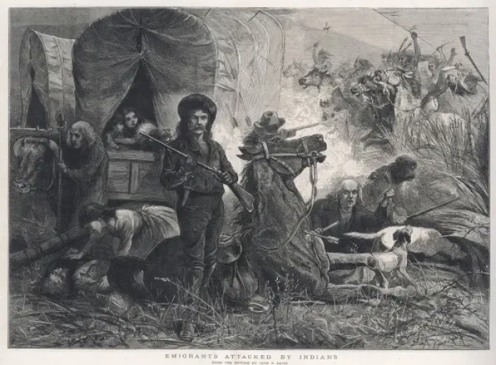 Framed Print : Indians Attack Emigrants Framed Print : Indians Attack Emigrants