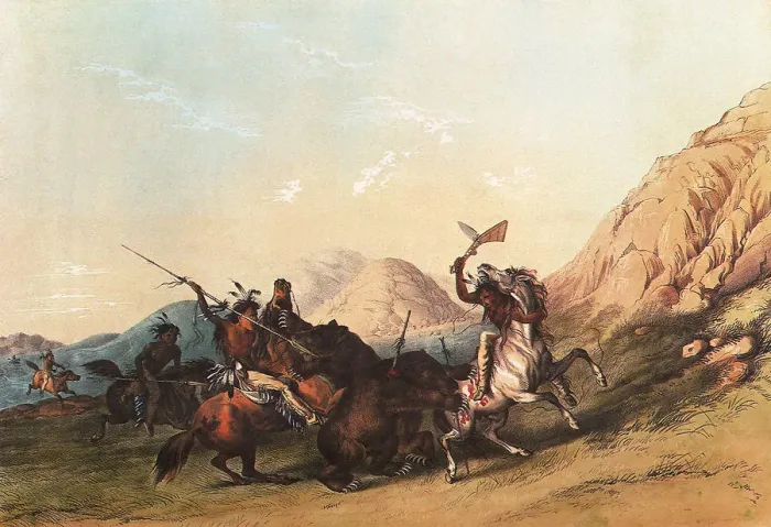 Framed Print : Indians attacking the Grizzly Bear Date: 1860 Framed Print : Indians attacking the Grizzly Bear Date: 1860