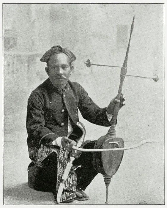 Framed Print : Indonesian man playing his rehab fiddler. Date: early 1890s Framed Print : Indonesian man playing his rehab fiddler. Date: early 1890s