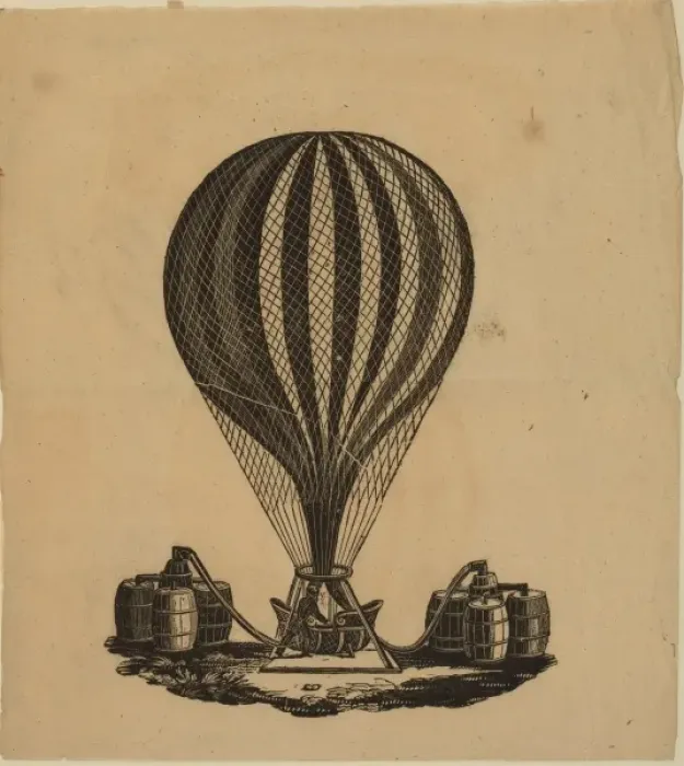 Framed Print : Inflated balloon with filling apparatus attached to barrels Framed Print : Inflated balloon with filling apparatus attached to barrels