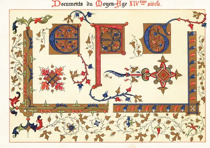 Framed Print : Initial letters and border foliage from Jean de Sy's illuminated Framed Print : Initial letters and border foliage from Jean de Sy's illuminated