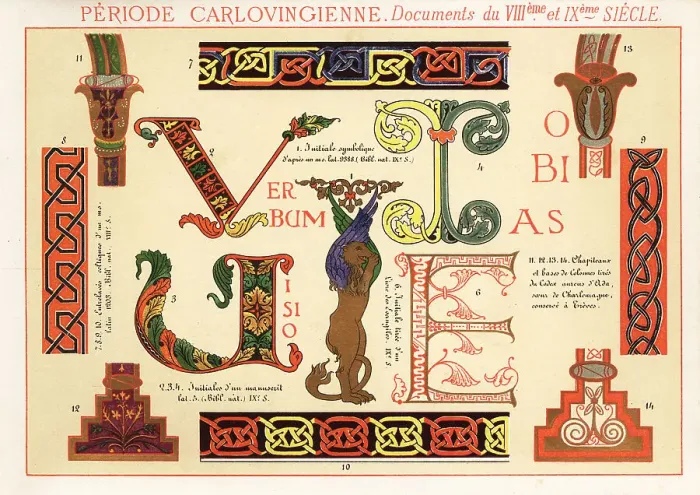 Framed Print : Initial letters and borders from documents of the Carolingian dy