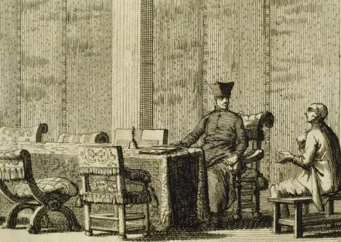 Framed Print : Inquisition. Inquisitor questioning a defendant. Engraving Framed Print : Inquisition. Inquisitor questioning a defendant. Engraving