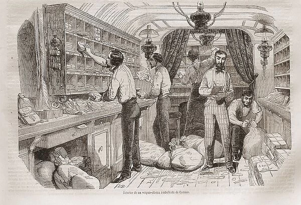 Inside of a post office-wagon (1854). Illustration
