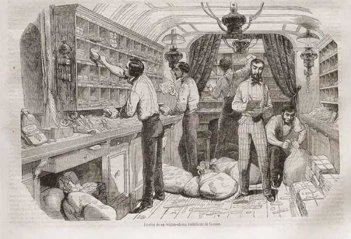 Framed Print : Inside of a post office-wagon (1854). Illustration Framed Print : Inside of a post office-wagon (1854). Illustration