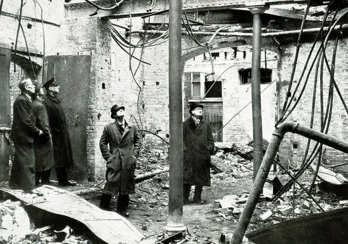 Framed Print : Inspecting Blitz bomb damage, Christie's Auctioneers, WW2 Framed Print : Inspecting Blitz bomb damage, Christie's Auctioneers, WW2