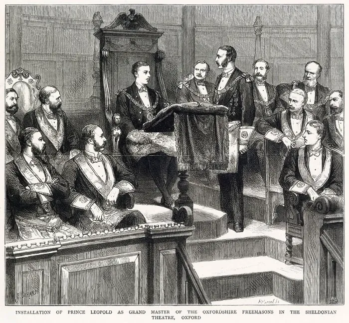 Framed Print : Installation of Prince Leopold as Grand Master of the Oxfordshire Freemasons in the Sheldonian Theatre, Oxford. Date: 1876