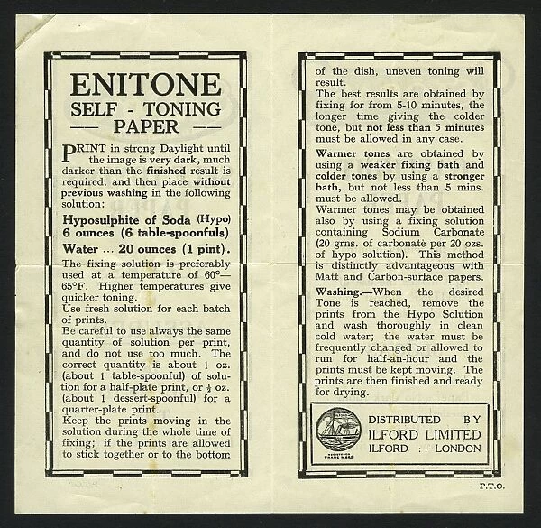 Instruction leaflet for Enitone self-toning paper