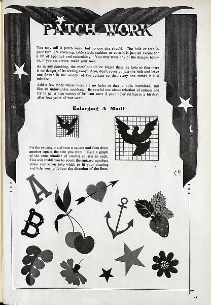 Instructions for creating decorative patches to repair holes in fabric, with ideas for motifs. Date: 1943