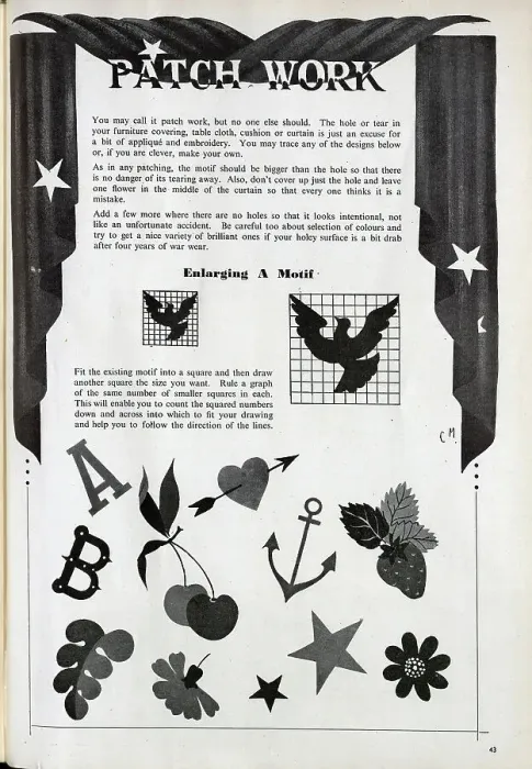 Framed Print : Instructions for creating decorative patches to repair holes in fabric, with ideas for motifs. Date: 1943 Framed Print : Instructions for creating decorative patches to repair holes in fabric, with ideas for motifs. Date: 1943